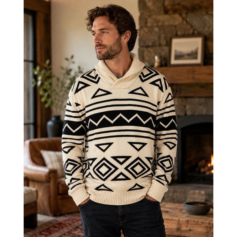 Ralph Lauren Men's XL Cotton Southwestern Geometric Shawl Collar Sweater Thick